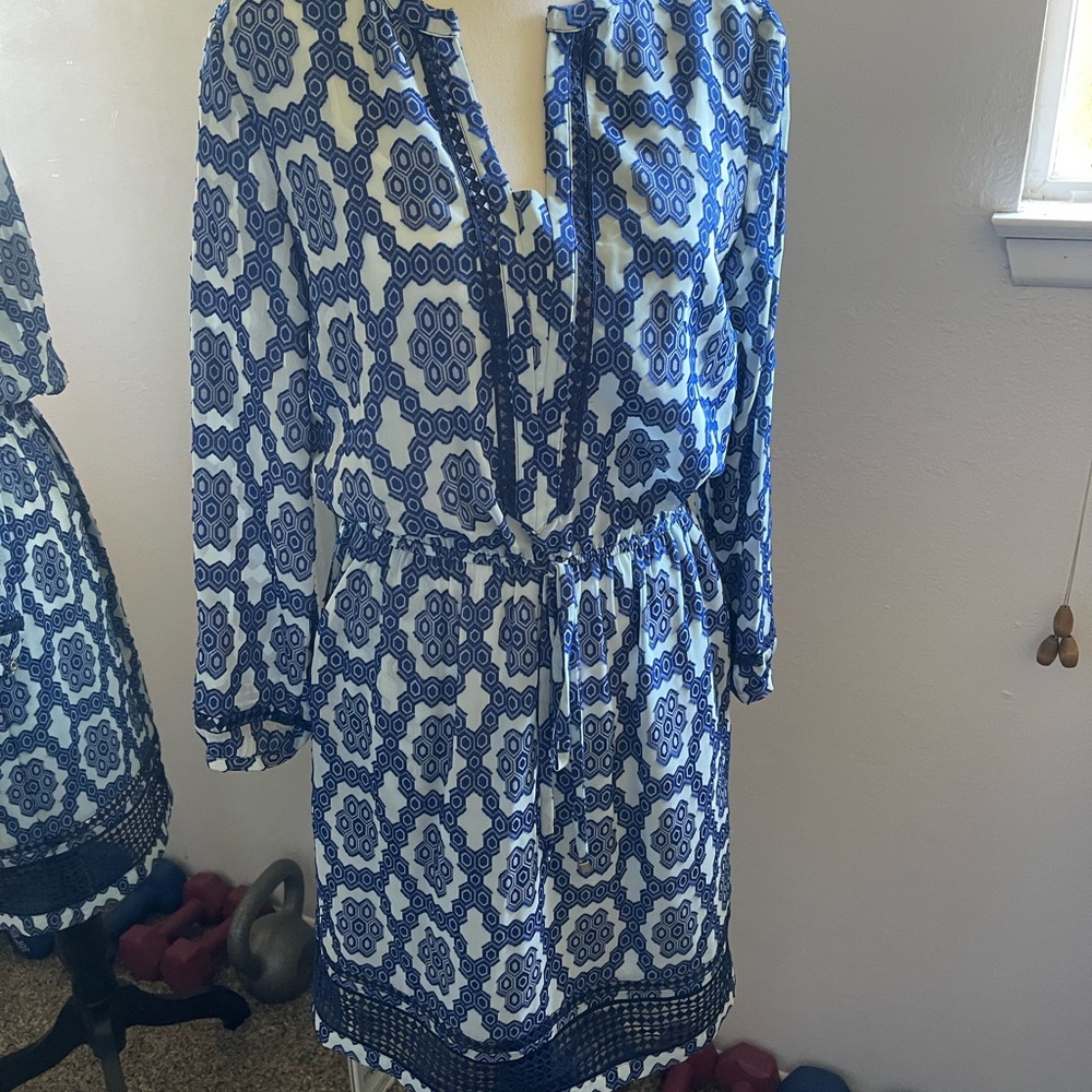 Tommy Hilfiger Blue and White Patterned Long Sleeve Dress